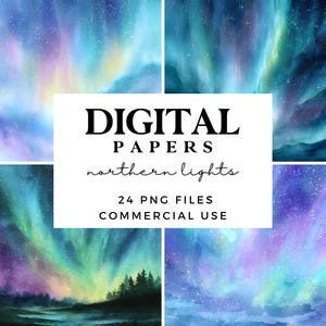 Northern Lights Digital Paper - Watercolour Aurora Borealis Scrapbook Paper - Cosmic Printable Paper for Commercial Use - Background Paper