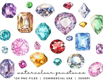 May include: Watercolor illustrations of various gemstones in different shapes and colors, including purple, blue, green, red, and yellow. The image includes the text "Watercolour gemstones 120 PNG files | Commercial use | 300dpi".
