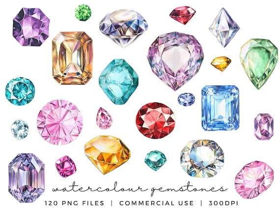 Watercolour Gemstone Clipart - Colourful Gems Clip Art Bundle for Commercial Use - 300dpi - Bright Rainbow Colours Rhinestone Clip Art