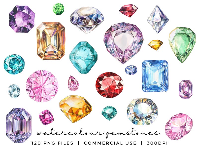 May include: Watercolor illustrations of various gemstones in different shapes and colors, including purple, blue, green, red, and yellow. The image includes the text "Watercolour gemstones 120 PNG files | Commercial use | 300dpi".