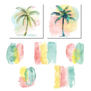May include: Set of eight watercolor illustrations featuring palm trees and abstract shapes in shades of green, yellow, pink, and blue.
