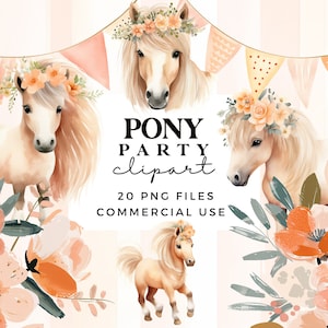 Pony Party Clipart-Set - Boho Aquarell Pony Clipart Bundle - Blumen Clipart - Kinderzimmer Wandkunst - Kommerzielle Nutzung - Hübsches Pferd Clip Art