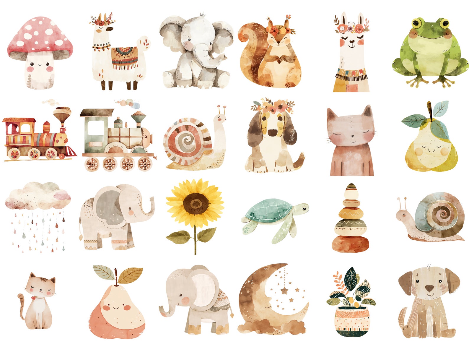Boho Baby Clipart Bundle - Watercolour Nursery Animal Clip Art - Cute ...