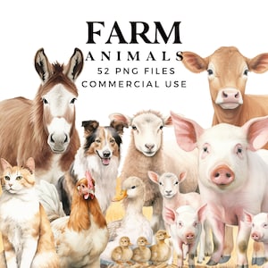 Clipart animali da fattoria - Clipart acquerello per uso commerciale - Pacchetto clip art fattoria con documenti di sfondo, trattori e fienili - File PNG