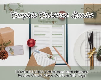 May include: A complete Christmas bundle includes a meal planner, recipe cards, place cards, and gift tags. The items are decorated with a green and white Christmas theme.
