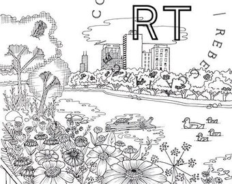 North Pond in Lincoln Park. Hand drawn digital Chicago coloring page. High resolution file with purchase.