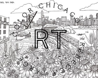 Ping Tom Park in Chinatown. Hand drawn digital Chicago coloring page. High resolution file with purchase.