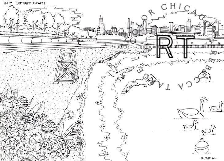 31st Street Beach in Bronzeville/Oakland neighborhood. Hand drawn digital Chicago coloring page. High resolution file with purchase.