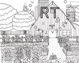 Farm in the Zoo in Lincoln Park. Hand drawn digital Chicago coloring page. High resolution file with purchase.