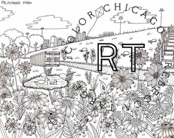 Palmisano Park in Bridgeport neighborhood. Hand drawn digital Chicago coloring page. High resolution file with purchase.