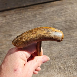 May include: A handcrafted bottle stopper with a curved, brown wooden handle. The handle is attached to a thin, metal rod. The stopper is held in a hand against a weathered wooden surface.