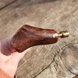 May include: A handcrafted bottle stopper with a dark brown, textured wooden handle and a brass fitting. The wood grain is visible, and the stopper is designed for a bottle. The handle measures approximately 4 inches in length.