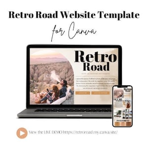 May include: A laptop computer screen displaying a website template for Canva. The website is titled "Retro Road" and features a photo of a couple sitting on a rock formation. The website is designed in a retro style with a brown and white color scheme. The text on the screen reads "Travel and Adventure Photography" and "I capture the essence of different cultures, landscapes, and people from remote parts of the world. My inspiration comes from taking pictures of iconic landmarks, beautiful beaches and above all showcasing the uniqueness of each location. Rich in color, your stories and capture your wanderlust!"