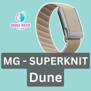 May include: A tan Superknit watch band with a silver clasp. The band is labeled "Dune" and features a woven texture. The Double Watch Club logo is in the upper left corner.