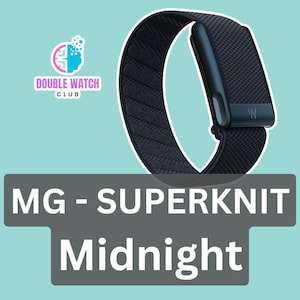 May include: A dark blue Superknit watch band with a matching clasp. The band is textured and features the text "MG - SUPERKNIT Midnight" in a gray rectangle. The Double Watch Club logo is in the upper left corner.