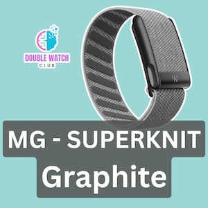 May include: A graphite gray Superknit watch band with a black clasp. The band features a textured pattern and the letter "W" is visible on the black clasp. The text "MG - SUPERKNIT Graphite" is displayed below the band.