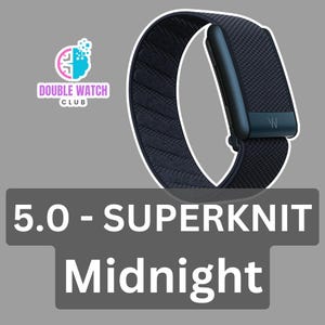 May include: A navy blue Superknit watch band with a dark blue clasp. The band has a textured pattern. The text "5.0 - SUPERKNIT Midnight" is displayed below the watch band. The Double Watch Club logo is in the upper left corner.