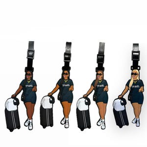 May include: Four black luggage tags featuring a cartoon illustration of a woman wearing sunglasses, a black shirt with the text "TPAVEL", black shorts, and white trainers. Each tag has a black and white suitcase attached.