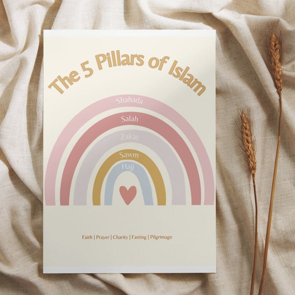 The 5 Pillars of Islam Kids Bedroom or Nursery Poster (Rainbow Design)