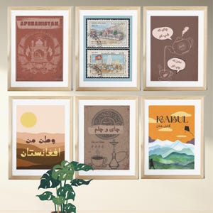 May include: Six framed prints with different designs. The top row features a red print with the word "AFGHANISTAN" in white, a print with two vintage stamps featuring images of buildings and people, and a print with a brown background and a teapot pouring tea into a cup. The bottom row features a print with a sunset scene and the words "وطن من افغانستان" in Arabic, a print with a brown background and a hookah with a cup of tea, and a print with a yellow background and a kite flying over a mountain range with the word "KABUL" in white.