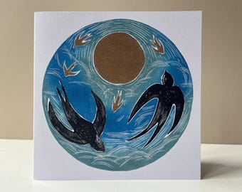 Circling Swifts Linocut Greetings Card | A6 Friendship Card