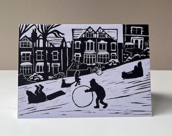 Tarjeta de felicitación de día de nieve / colina de trineo nevada / tarjeta de vacaciones de invierno / tarjeta de temporada / tarjeta de felicitación de Navidad / linograbado / tarjeta de Navidad