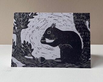 Nutty Squirrel Lino Print Greeting Card | Oak Tree | Acorns | Autumn | Winter