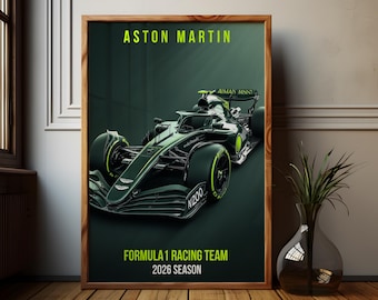 Plakat Aston Martin F1 | Zespół Formuły 1 2026 | Sztuka ścienna związana ze sportem motorowym | Prezent dla niego dla fana F1 | Dekoracje wyścigowe | Wykonane na zamówienie
