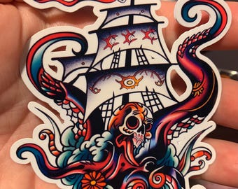 Kraken Traditional Tattoo|  Glossy stickers | Indoor Stickers | Waterproof | Hanmade Stickers