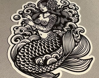 Mermaid 3 Traditional Tattoo Stickers |Glossy stickers | Indoor Stickers | Waterproof Stickers| Handmade Stickers|