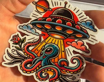 Kraken Ufo Traditional Tattoo  |Glossy stickers | Indoor stickers | Waterproof Stickers| personalized Stickers| Handmade Stickers