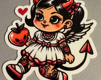 Girl Devil Traditional Tattoo Sticker |Glossy stickers | Indoor Stickers |Waterproof Stickers|personalized Stickers| Handmade Stickers