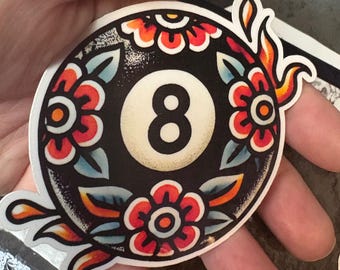 Floral 8 ball  Glossy Sticker Traditional Tattoo Sticker |Glossy stickers | Indoor stickers | Waterproof Stickers| Handmade Sticker
