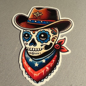 Sugar Skull Cowboy Glossy Sticker Traditional Tattoo Sticker |Glossy stickers | Indoor stickers | Waterproof Stickers| Handmade Sticker