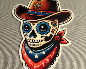 Sugar Skull Cowboy Glossy Sticker Traditional Tattoo Sticker |Glossy stickers | Indoor stickers | Waterproof Stickers| Handmade Sticker
