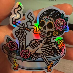 Holographic Bathtub Skeleton Glossy Sticker Traditional Tattoo Sticker |Glossy stickers | Indoor stickers | Waterproof Stickers|