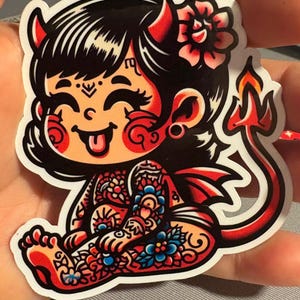 Girl Baby Devil Traditional Tattoo Sticker |Glossy stickers | Indoor Stickers |Waterproof Stickers|personalized Stickers| Handmade Stickers