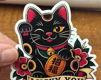 Maneki Neko Lucky You Glossy Sticker Traditional Tattoo Sticker |Glossy stickers | Indoor stickers | Waterproof Stickers| Handmade Sticker