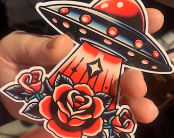 Roses Ufo Traditional Tattoo  |Glossy stickers | Indoor stickers | Waterproof Stickers| personalized Stickers| Handmade Stickers
