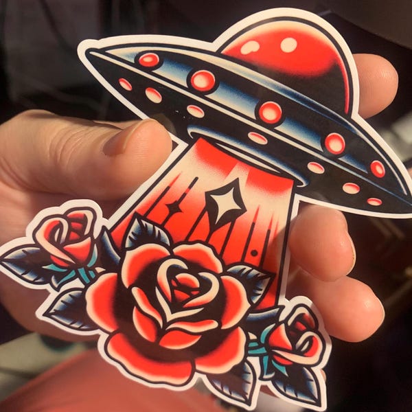 Tatuaje tradicional de rosas OVNI / Pegatinas brillantes / Pegatinas para interiores / Pegatinas impermeables / Pegatinas personalizadas / Pegatinas hechas a mano