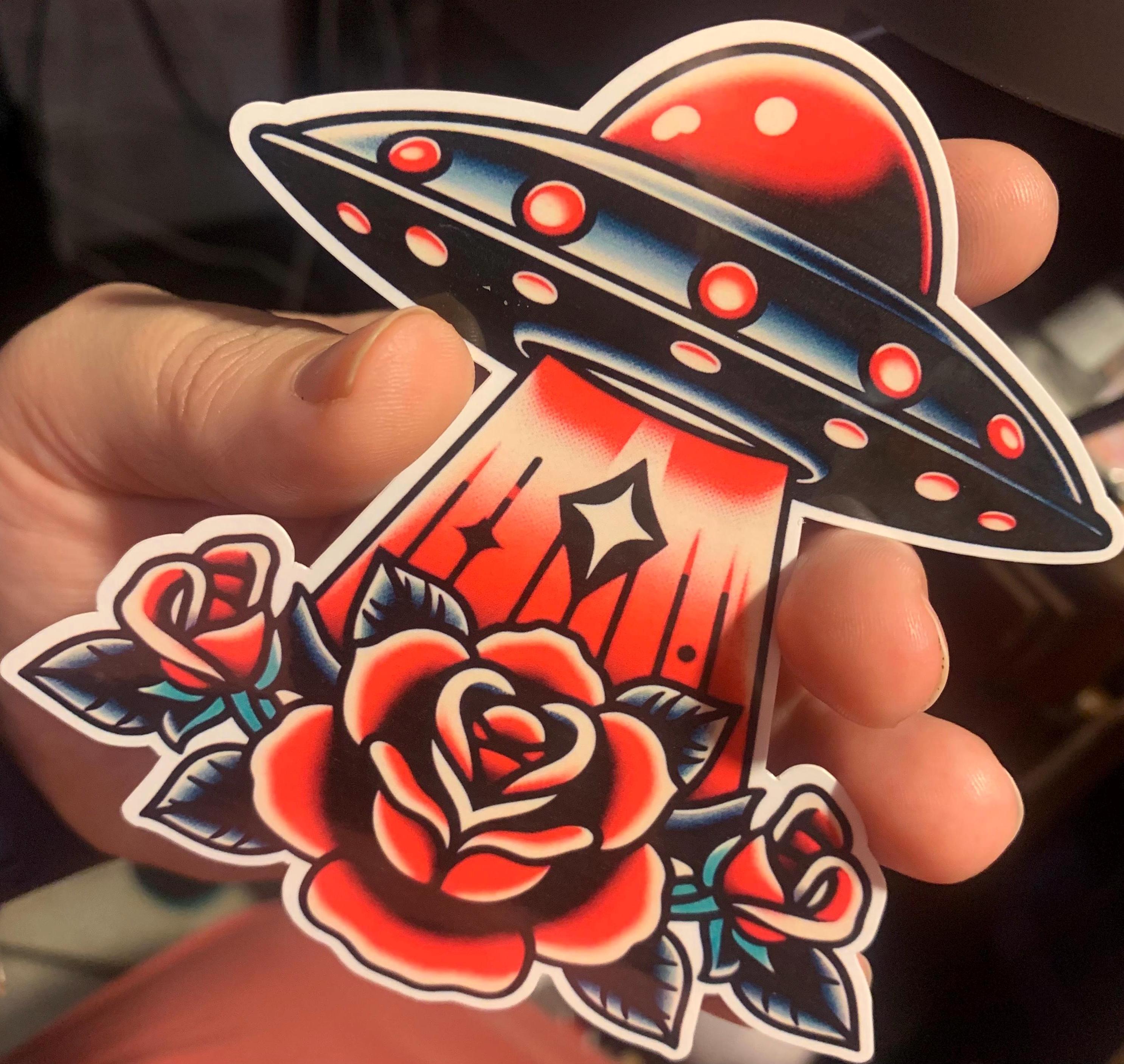 Roses Ufo Traditional Tattoo |glossy Stickers | Indoor