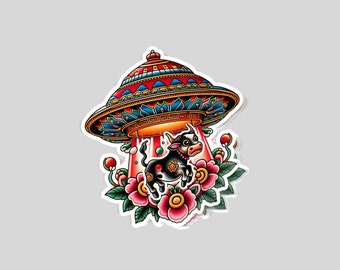Ufo Taking Cow Traditional Tattoo  |Glossy stickers | Indoor stickers | Waterproof Stickers| personalized Stickers| Handmade Stickers