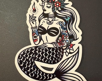 Mermaid 2 Traditional Tattoo Stickers |Glossy stickers | Indoor Stickers | Waterproof Stickers| Handmade Stickers|