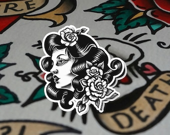 Traditional Tattoo Beautiful Lady Glossy stickers | Indoor stickers | Waterproof Stickers| personalized Stickers| Handmade Stickers