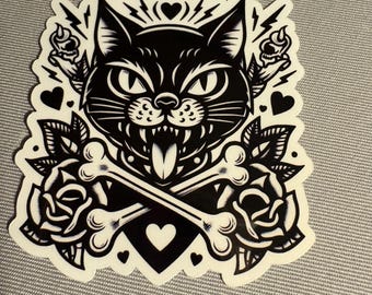 Rock Cat 2 traditional tattoo Glossy Stickers | Indoor Stickers || Outdoor Stickers |  Waterproof Stickers