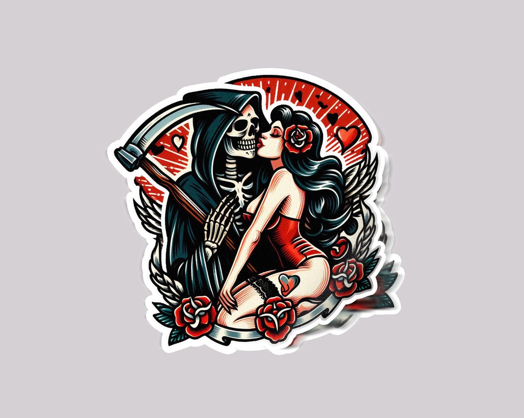 Grim Reaper Kiss Traditional Tattoo Stickers |glossy Stickers | Indoor  Stickers | Waterproof Stickers| Personalized Stickers| Handmade - Etsy, image size:1080x861