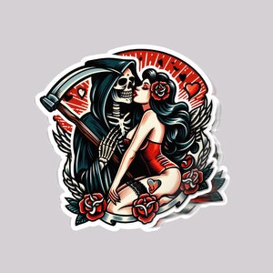 Grim reaper kiss Traditional Tattoo Stickers |Glossy stickers | Indoor stickers | Waterproof Stickers| personalized Stickers| Handmade