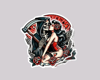Grim reaper kiss Traditional Tattoo Stickers |Glossy stickers | Indoor stickers | Waterproof Stickers| personalized Stickers| Handmade