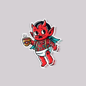 May include: A red cartoon devil baby with horns and a tail, wearing a diaper and holding a steaming cup of coffee. The baby has a surprised expression on its face.