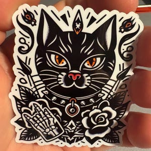 Rock Cat Traditional Tattoo Sticker |Glossy stickers | Indoor Stickers |Waterproof Stickers|personalized Stickers| Handmade Stickers
